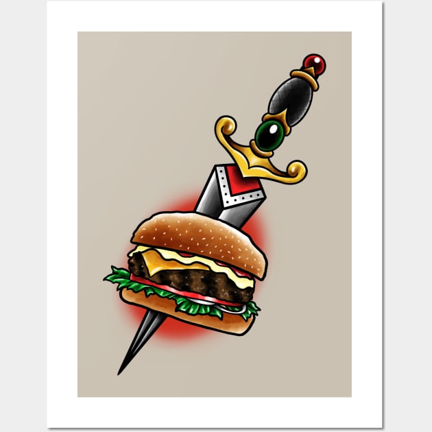 Burger Dagger Traditional Tattoo Full Color Wall Art by Mertalou